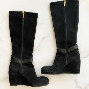 Anyi Lu Black Tall Knee-High Wedge Suede Zip Boots Size 37.5